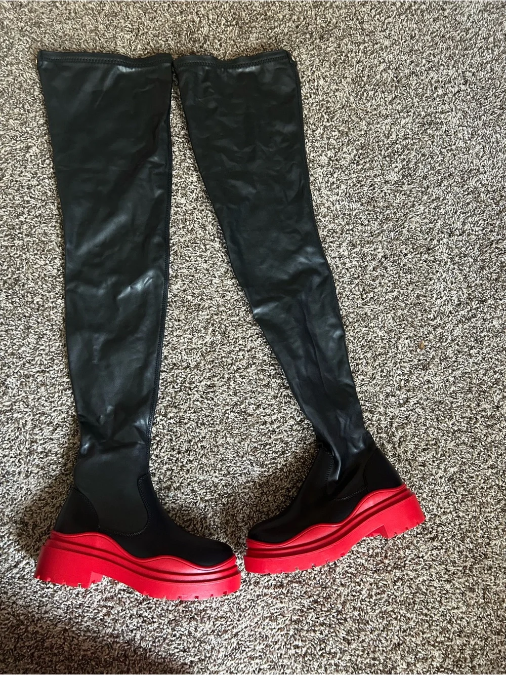 Black Over-the-Knee Boots with Red Platform Sole
